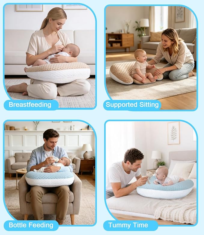 Multifunctional Nursing Pillow, Wider Breastfeeding Pillow with Minky Dot & Breathable Mesh, Anti-Slip Base for Tummy Time & Baby Sitting Support, Removable Soft Cover, Large Opening for Most Body