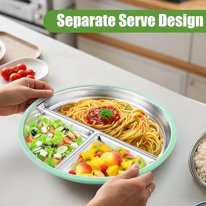 BUSOHA 3 Pack Stainless Steel Kids Plate Set - 9??Divided Toddler Baby Plates with Silicone Sleeves with Suction 2-in-1 Anti Breakage Metal Toddler Bowls Microwave Dishwasher Safe