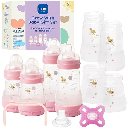 MAM Grow With Baby Anti-Colic Bottle Set – 4 Easy Start Bottles (5oz & 9oz) with Trainer Handles & Spout, Comfort Newborn Pacifier, Extra Bottle Bodies & Nipples | Self-Sterilizing Baby Feeding System