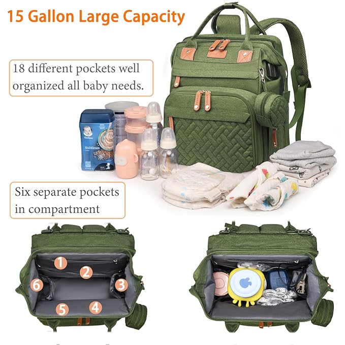 Astro alan Baby Diaper Bags with Changing Station, Waterproof Diaper Bag Backpack for Moms Dads with USB Charging Port, Baby Shower Gifts, Large Capacity diaper backpack, Green