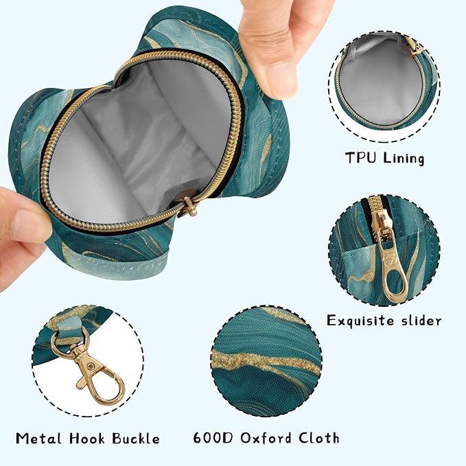 Pacifier Holder with Clip Pacifier Case for Diaper Bag Round Baby Pacifier Pouch Box Bag Portable Marble Teal and Gold