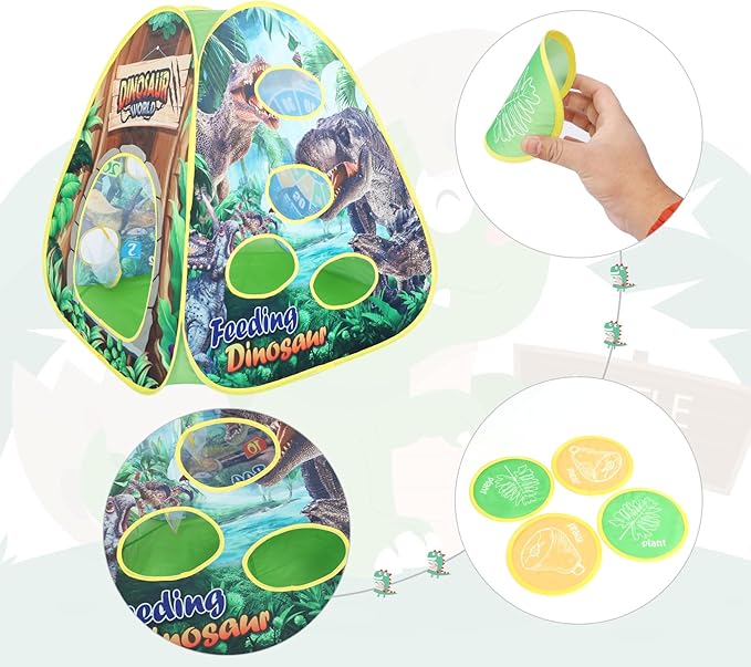 Dinosaur Kids Play Tent Indoor: Boys & Girls Playhouse Tents Indoor Outdoor - 4in1 Dinosaur Tent with-Dart Board & Bean Bag Toss Games
