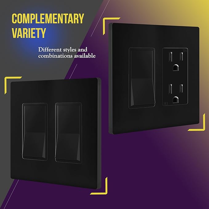 ENERLITES Screwless Decorator Wall Plates Child Safe Outlet Covers, Size 2-Gang 4.68" H x 4.73" L, Polycarbonate Thermoplastic, SI8832-BK-10PCS, Glossy, Black (10 Pack)