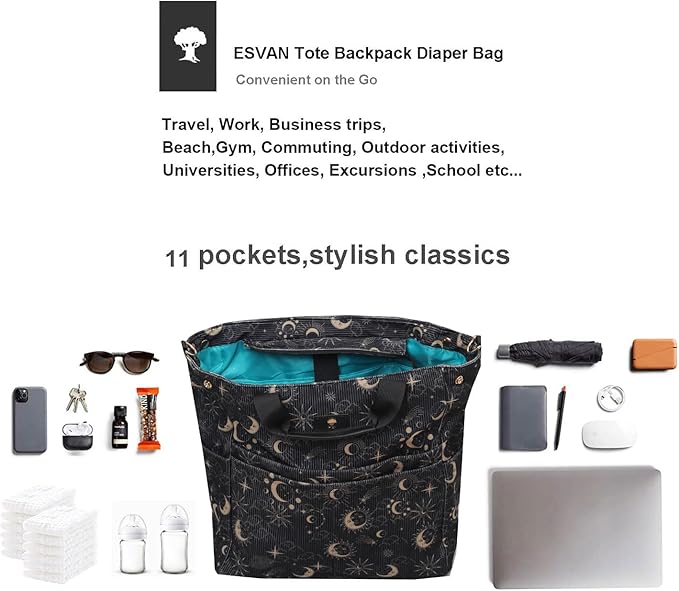 ESVAN Diaper Tote Bag Totepack Backpack Crossbody Bag 3 in 1 for Women Laptop Backpack Multifunctional with Insulated Pockets