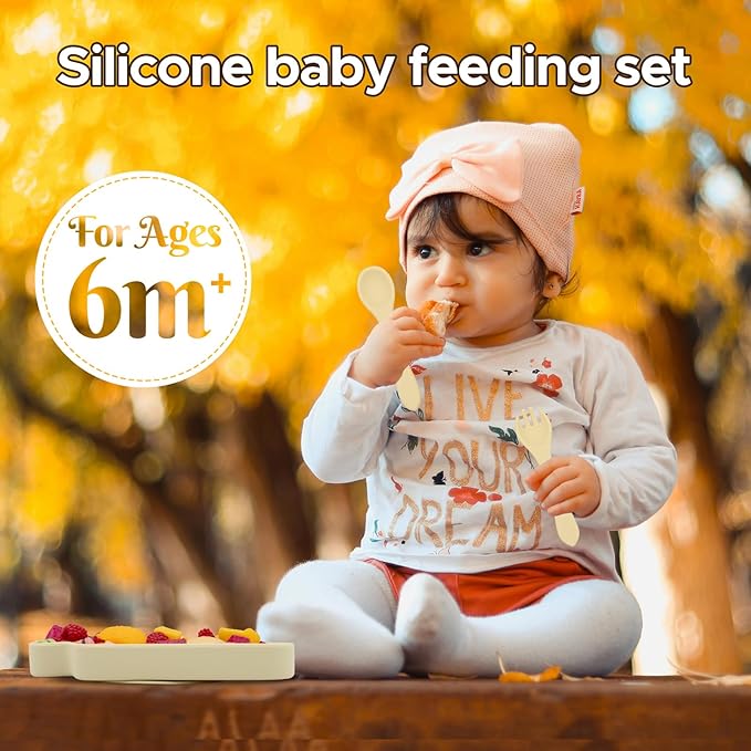 BabyX Baby Silicone Feeder Set, 3-pcs Safari Wildlife-themed Baby Plate with Suction, Spoon and Fork for Babies Toddler Kids, BPA-Free, Baby Utensils Feeding Supplies, Microwave and Dishwasher Safe