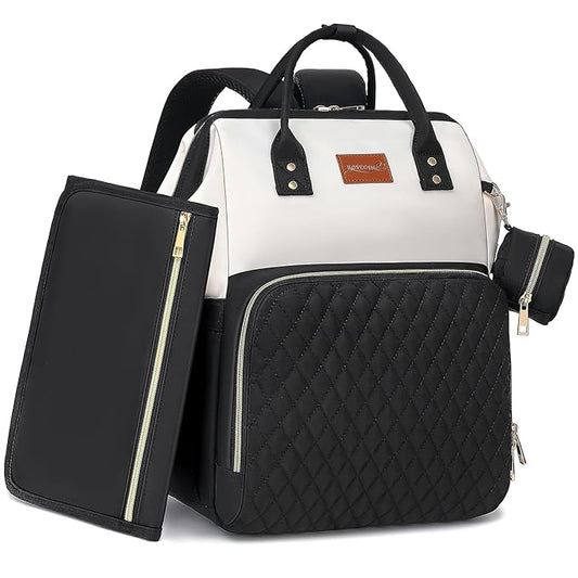 ROSEGIN Baby Diaper Bag Backpack with Changing Pad, Pacifier Case, for Boy Girl Toddler - Large, Stylish, Waterproof Travel Quilted Diaper Bag for Mom - Black/White