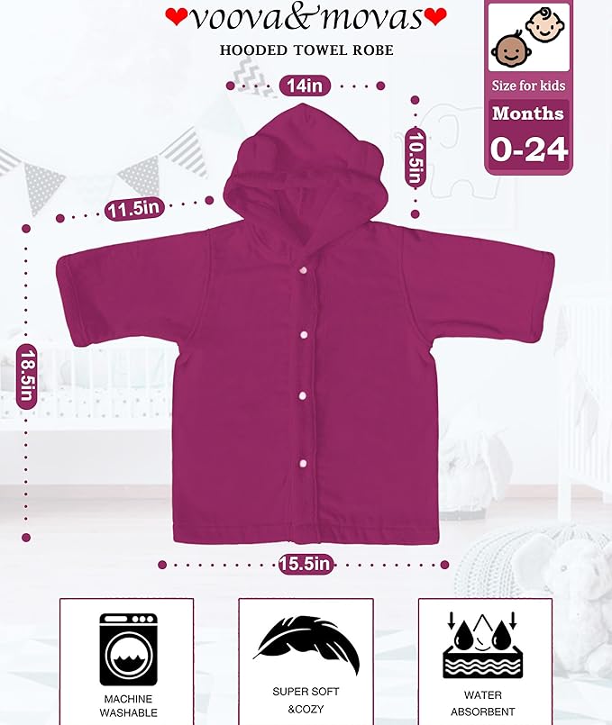VOOVA & MOVAS Toddler Hooded Poncho Towel with Bear Ear, 0-24Months | 100% Cotton, Ultra-Soft & Absorbent | Gentle for Sensitive Skin, Bath, Pool & Beach Towel | Newborn, Rose Red