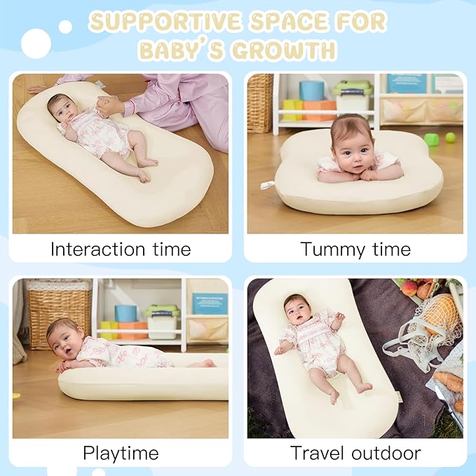 Lucakuins Baby Support Cushion, 0-24 Months Newborn Infant Support Cushion with Cover, Portable Tummy Time Mat for Home and Travel, Soft Cotton, Supervised Use, Baby Essentials Gift (White)