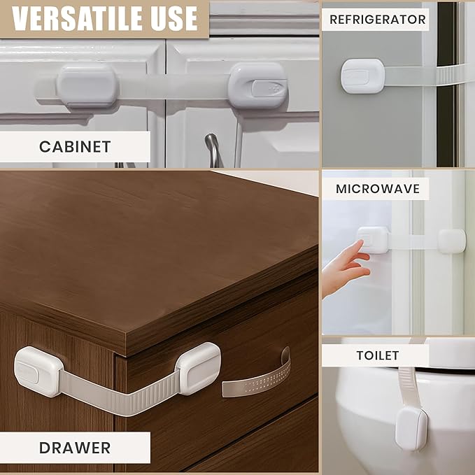 6 Pack Child Proof Cabinet Locks - No Screws & Magnets Needed - Cabinet Locks Baby Proofing with Strong 3M Adhesive Latches for Drawers, Furniture, Ovens, Toilet Seats, Trash Cans, Microwaves (White)