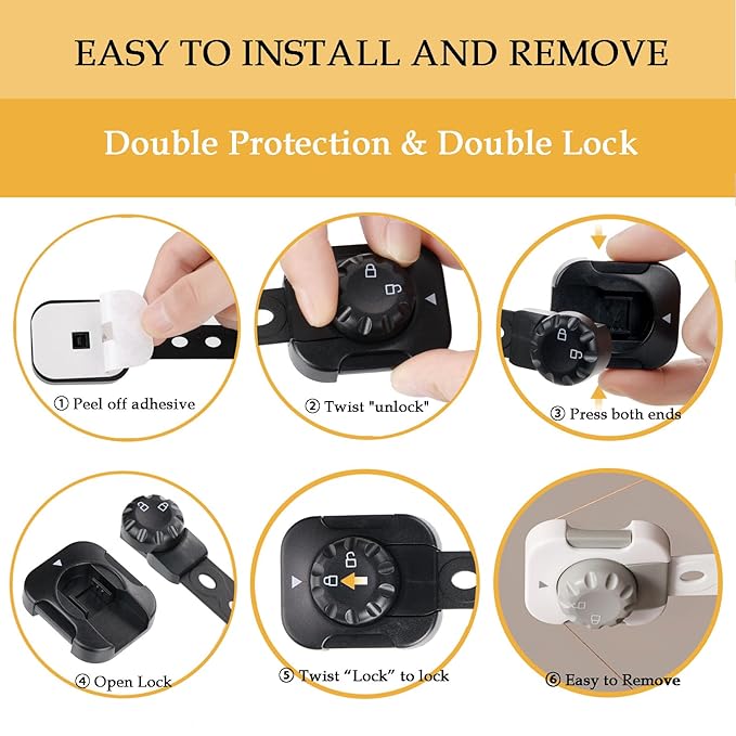 Fursafe&Q Child Safety Cabinet Proofing, Baby Cabinet Locks Adhesive Adjustable Child Safety Strap Locks Drawer Fridge Ovens Toilet Latches No Screws for Furniture Kitchen (Black, 12Pack)