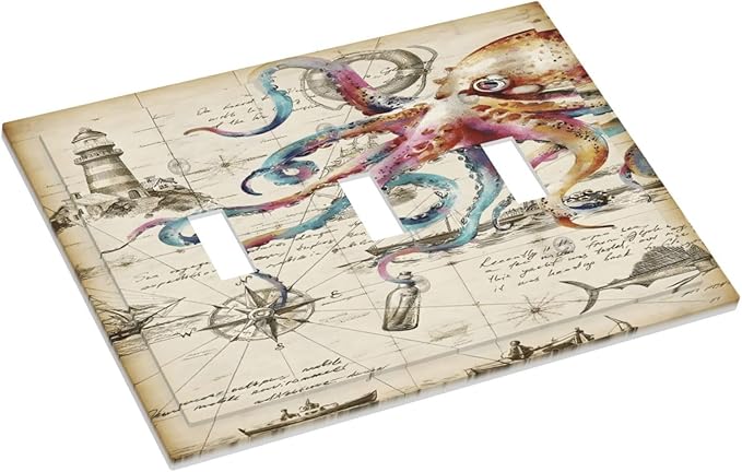 Cool Colorful Nautical Octopus Ocean Kraken Vintage Decorative Switch Plates 3 Gang Wall Plate Triple Toggle Light Switch Cover Faceplate Electrical Wall Panels for Bathroom Farmhouse Decor