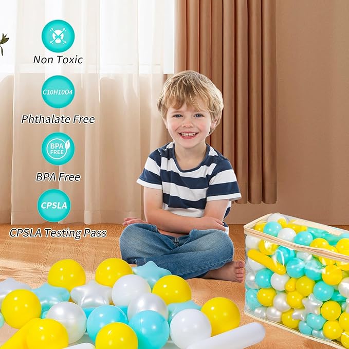 Ball Pit Balls for Toddlers 1-3, 100pcs Crush Proof Plastic Balls for Girls Ball Pit, BPA Free Non-Toxic Play Balls for Baby Pool, Playhouse, Tent, for Dogs & Pets,3 Shapes, White Yellow Green