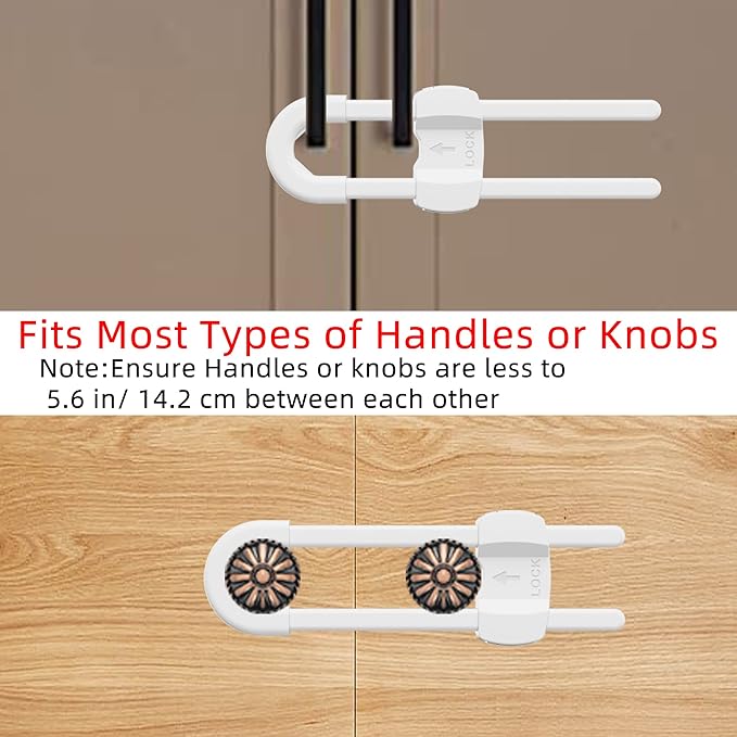 (10 pack white) 4 button Cabinet Locks, U-Shaped Proofing Drawers Safety Child Locks Adjustable, for Wardrobe,Kitchen,Bathroom,Drawer,Fridge,Cupboard Doors Knobs & Handles