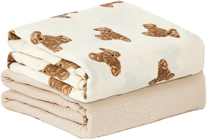 insular Muslin Swaddle Blankets for Boys Girls, 2 Pack Receiving Baby Blanket Large 47 x 47 inches, Soft Breathable Swaddling Wrap for Unisex Newborn, Teddy Bear&Khaki