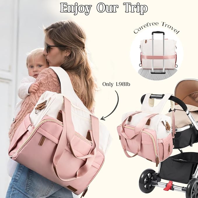 Pripher Diaper Bag Backpack Mommy Bag Large Capacity Diaper Backpack Travel Essential Baby Diaper Bag for Mom and Dad, Pink & Beige