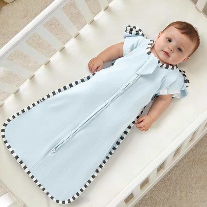 Soft Cotton Swaddle Blanket, Arms Up Baby Sleep Sack, Wearable Sleep Bag for Boys Girls (Light Blue + Light Grey, S(0-3 Months))