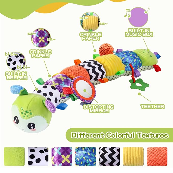 Baby Toys 0-6 Months, Musical Toys for Green Caterpillar, Infant Stuffed Animal Soft Sensory Toys with Crinkle、 Rattles and Textures, Tummy Time Toys for Newborn Boys Girls 0 3 6 12 Months