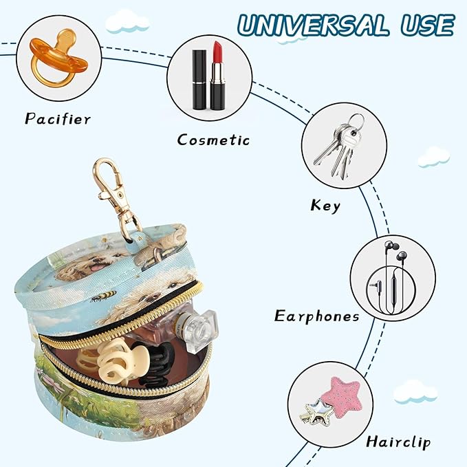 Pacifier Holder with Clip Pacifier Case for Diaper Bag Round Baby Pacifier Pouch Box Bag Portable Cute Poodles and Butterflies Bees Dandelion