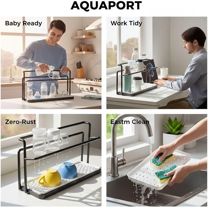 2-Tier Bottle Drying Rack, 15.7 in Kitchen Counter Organizer, Space-Saving Water Bottle Drying Rack with Drain Tray, Rustproof Metal Frame, Easy to Clean for Bottles, Cups