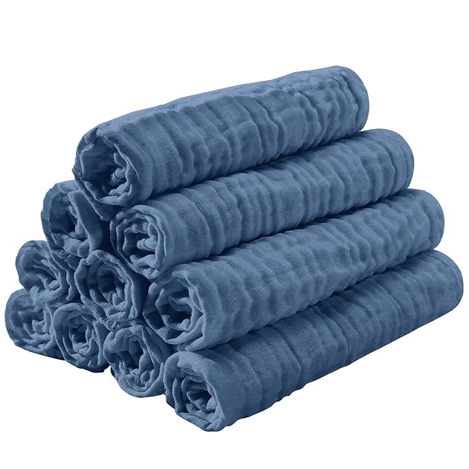 Yoofoss Muslin Burp Cloths for Baby 10 Pack 100% Cotton Baby Washcloths for Boys Girls Large 20''X10'' Super Soft and Absorbent Dark Blue