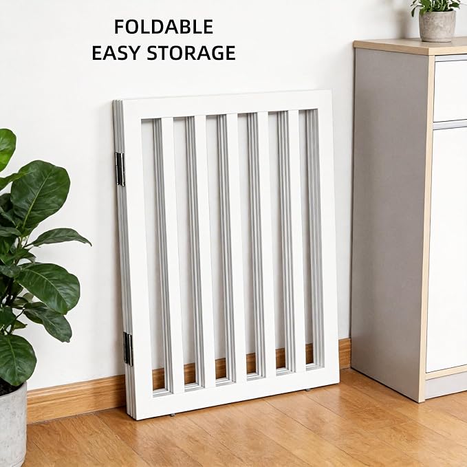 Dog Gate Indoor, Freestanding Dog Fence for The House, Doorways, Hallways,or Stairs,Pet Gate Foldable Wooden,Expandable 24" Height 6 Panels,White