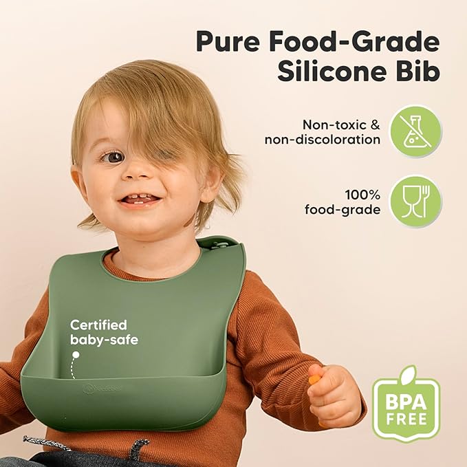 KeaBabies 2-Pack Silicone Bibs For Babies and 3-Pack Waterproof Baby Bibs for Eating - Silicone Baby Bibs for Eating, Lightweight Baby Bib with Food Catcher, Food-Grade Pure Silicone Bib