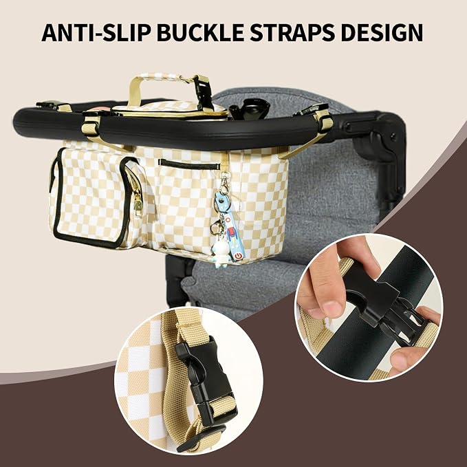 Universal Parent Console Stroller Organizer with Removable Cooler Bag & Changing Mat, Extra Large Wagon Caddy Accessories Fit for Wonderfold W4, Keenz, Jeep, Graco, Double Strollers (Checkerboard)