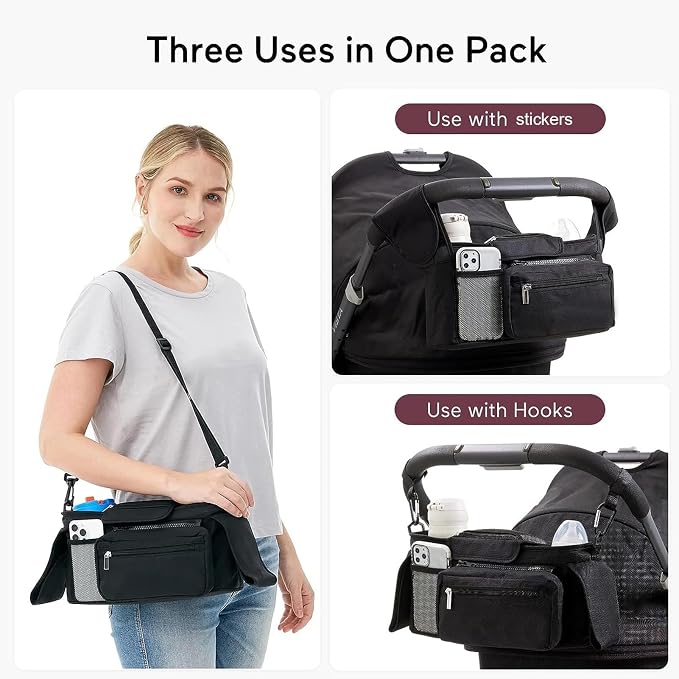 YOXIER Stroller Organizer,Baby Stroller Organizer with 2 Insulated Cup Holder,Detachable Zippered Pocket & Adjustable Shoulder Strap, Universal Stroller Accessories Fits for All Baby Strollers Pink