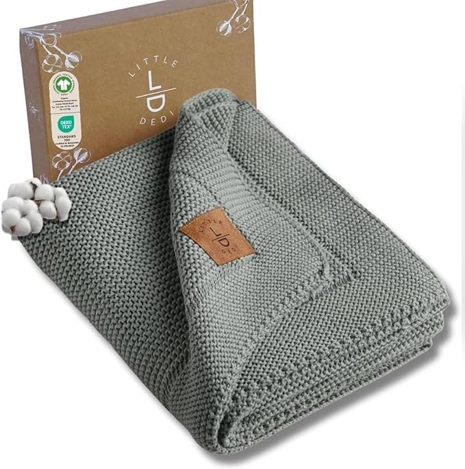 100% Organic Cotton GOTS Certified Baby Knitted Blanket with Gift Box - Soft Toddler, Crib, Stroller Blanket - Neutral Swaddle and Receiving Blanket for Newborns, 30"x40", Green