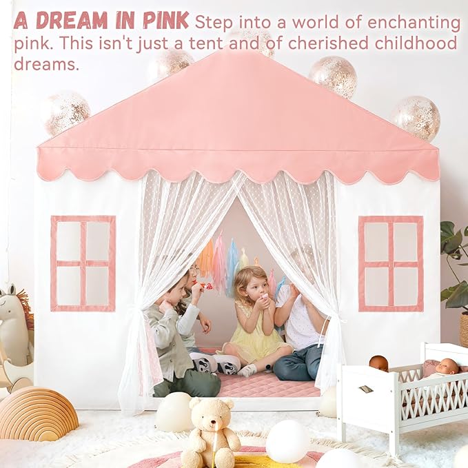 Kids Play Tent with Mat, Princess Castle Playhouse Play Tent for Kids Indoor, Girls Play Tent Play House for Birthday Toy House Gift (Pink)