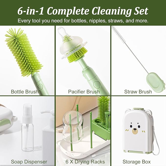 Travel Baby Bottle Cleaner Kit with Storage Case ??6-in-1 Compact Bottle Brush Set for Infant Feeding, Breast Pump Parts & On-The-Go Washing ??Baby Travel Essentials for Flying (Green)