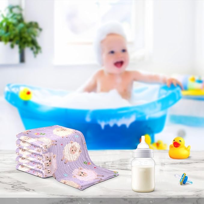 vvfelixl Charming Sheeps Baby Burp Cloths Baby Muslin Washcloths for Boys Girls Cotton Baby Face Towel for Newborn Infants Soft and Absorbent 11.8 X 11.8In, 5 Pack