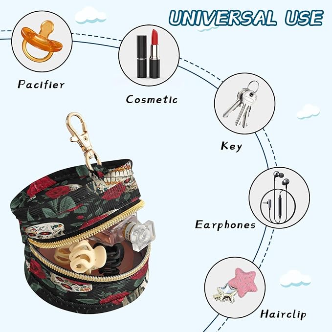 Pacifier Holder with Clip Pacifier Case for Diaper Bag Round Baby Pacifier Pouch Box Bag Portable Mexico Skull Rose Flowers Red