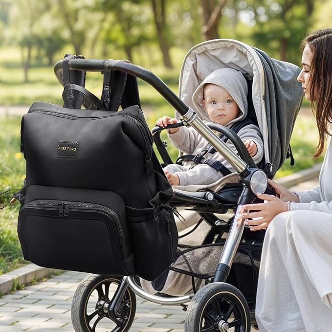 miss fong Diaper Bag Backpack - Baby Diaper Bag Neoprene Bag Large Capacity Neoprene Backpack with Diaper Changing Pad Pañaleras Para Bebe Baby Backpack with 12 Pockets for Mom & Dad -Black
