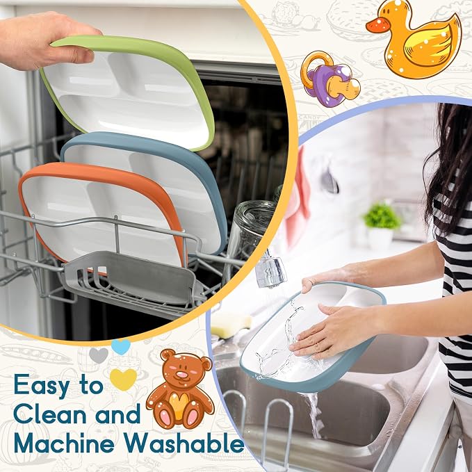 Domensi 3 Set Kids Porcelain Plates with Silicone Sleeves 8.2 Inch Divided Porcelain Plate Toddler White Suction Dishes for Baby Troubleless Eating Microwave Dishwasher Safe (Elegant)
