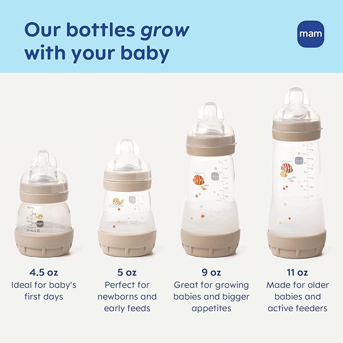 MAM 5oz Easy Start Anti-Colic Wide Neck Vented Baby Bottle, Slow Flow Breastfeeding-Like Nipple,Reduces Colic Gas & Reflux, Easy Clean, BPA Free,0+ Months, Made in Europe,Bonus Medium Flow Nipple