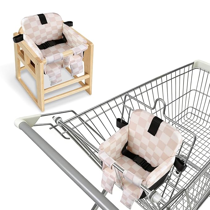 Portable Baby Shopping Cart Seat, High Chair Cover for Outdoor, One-Hand Installation Cart Seat Cover, Comfortable and Supportive Foam-Padded, Grocery Cart Baby Seat ??Pink Checkered