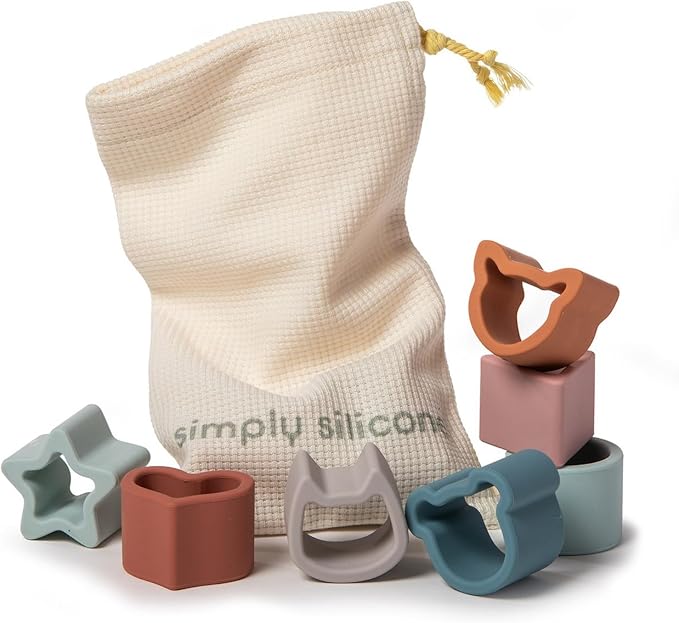 Mary Meyer Baby and Toddler Toys Simply Silicone Stacking & Sorting Shapes with Drawstring Bag for 12+ Months Old Preschool Gifts, 7 x 7-Inches, Animal, Star, Heart Shapes