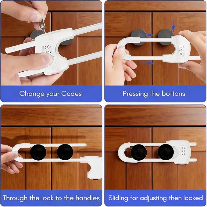 Upgrade 2 Packs Sliding Cabinet Locks, Baby Proofing U-Shaped Child Safety Latches ，Childproof Latches for Knobs, Handles on Kitchen Doors and Home Drawers Closet (White, 2)