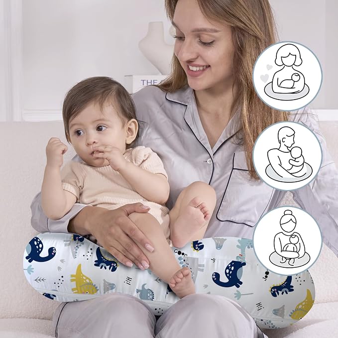 Little Grape Land Ergonomic Nursing Pillow,New Breastfeeding Pillows Support for Mom and Baby,Breathable and Soft with Cute Washable Cover, Multi-Use Feeding Pillow for 0–12 Months, Dinosaur