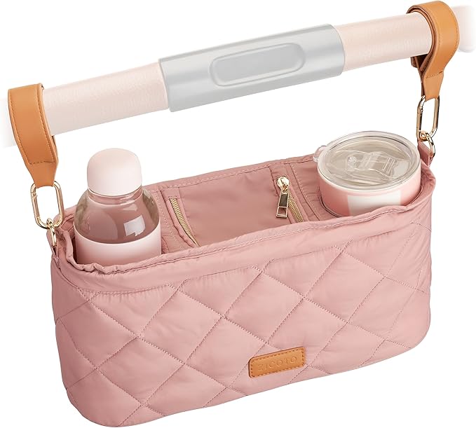 Beautiful Stroller Caddy Organizer With 2 Cup Holders ??Luxury Stroller Bag, Universal Fit, Leather Straps & Zipper Pocket ??Spacious Accessories Perfectly Fits Doona, Nuna & Uppababy Strollers