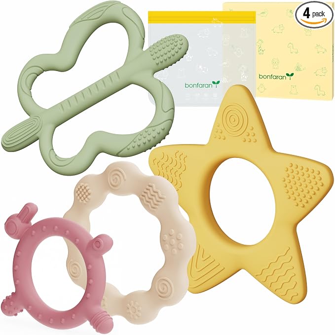 4 Pack Baby Teether Set with Freezer-Safe Storage Bag – 4 Softness Levels & Multi-Textured Silicone Teething Toys for Babies 0-18 Months, Food-Grade Teething Rings for Every Stage