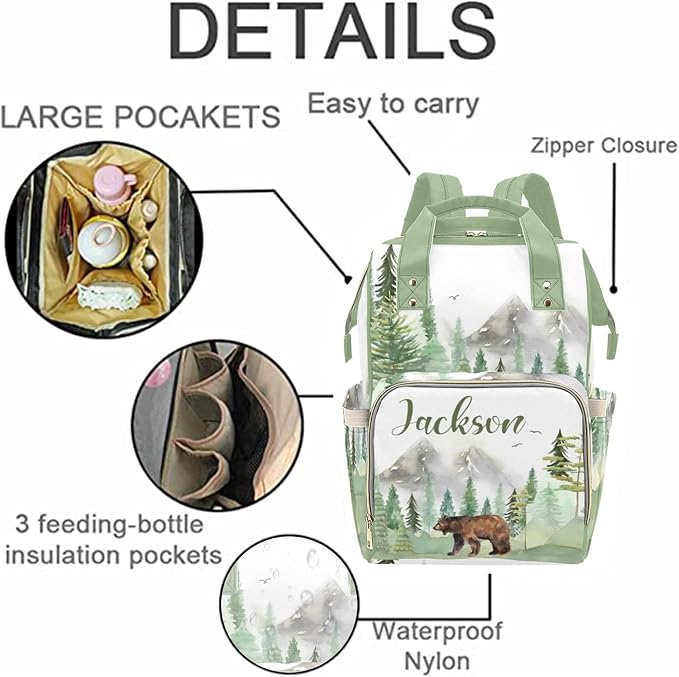 Custom Diaper Bag Backpack with Name Personalized Woodland Bear Nappy Bag for Mommy Mother's Day Gift Customized Adjustable Shoulders Nursing Bag Daypack