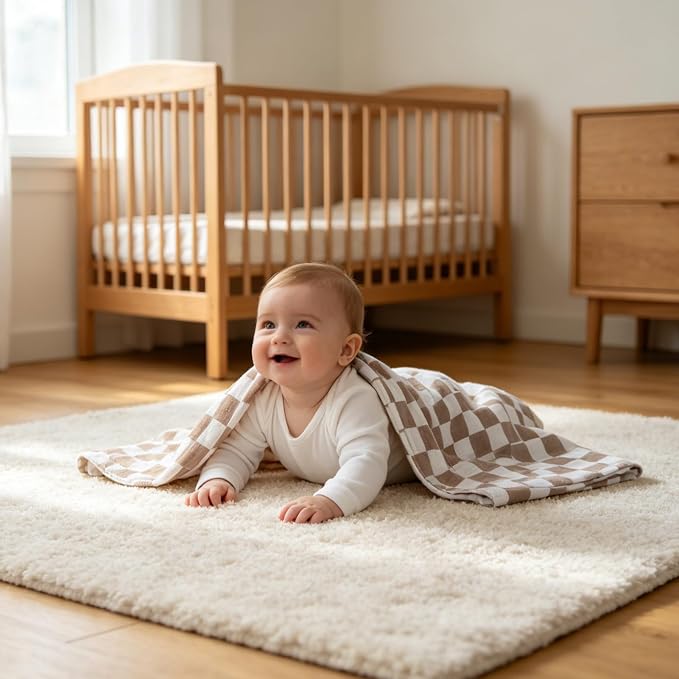 LifeTree Baby Swaddle Blankets, Boys Girls Muslin Swaddling Wrap Receiving Blanket for Newborn, 70% Viscose from Bamboo and 30% Cotton, Large 47" x 47", Duck and Coffee Checkered