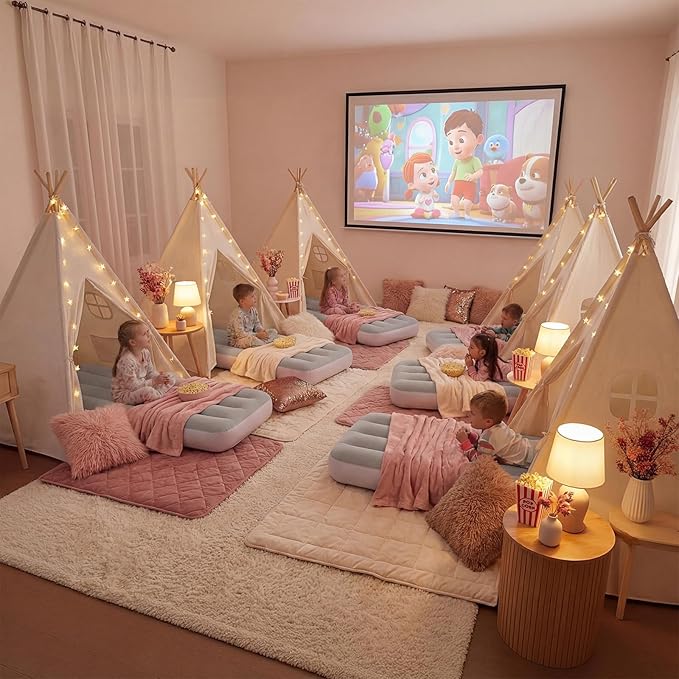 wilwolfer 6 Pack Kids Teepee Tent Bulk with Inflatable Airbed & Light, Natural Toddler Play Tent for Girls Boys Indoor Sleepover Slumber Party Birthday Gifts