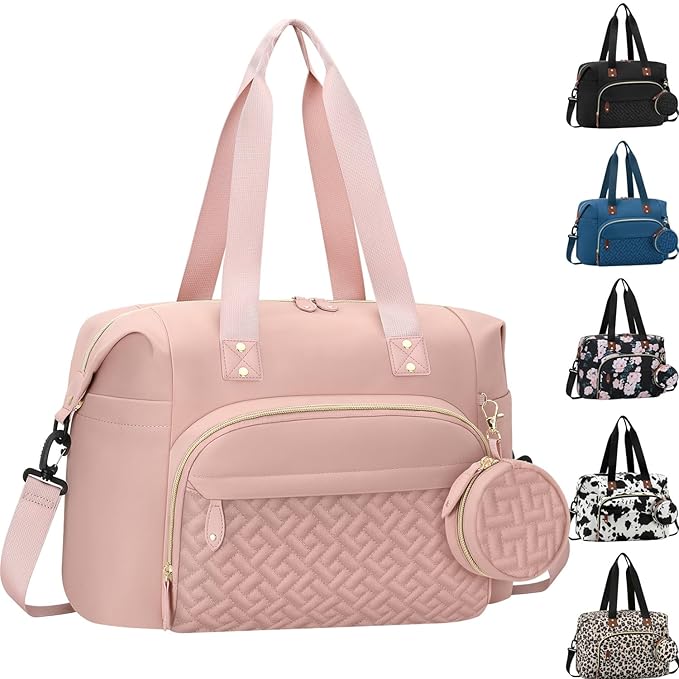 Tenot Diaper Bag Tote with Pacifier Case, Baby Bag for Women with Shoulder Straps, Travel Diaper Tote for for Mom and Dad Pink