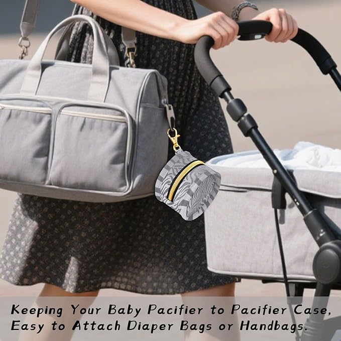 Pacifier Holder with Clip Pacifier Case for Diaper Bag Round Baby Pacifier Pouch Box Bag Portable Light Silvery Zebra Print
