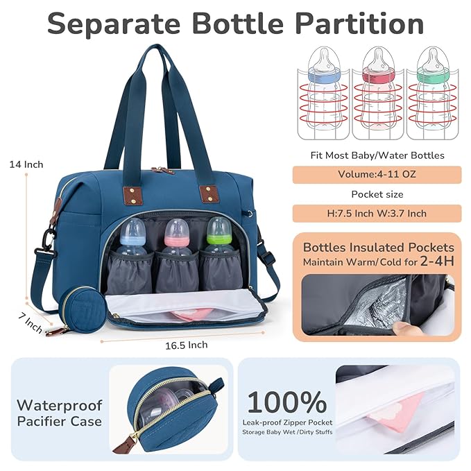 Tenot Diaper Bag Tote with Pacifier Case, Baby Bag for Women with Shoulder Straps, Travel Diaper Tote for for Mom and Dad Blue