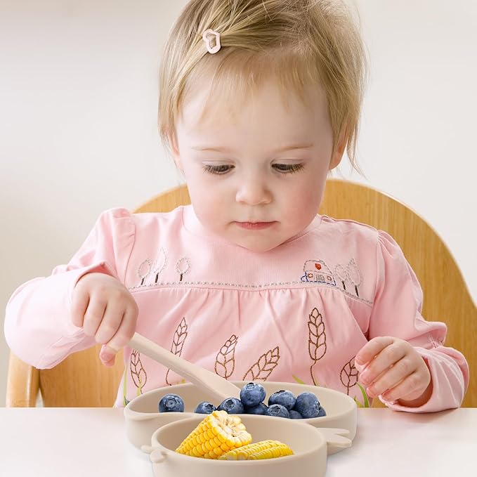 Baby Suction Plate, Silicone Toddler Plate for Kids Baby Weaning Plate Strong Suction Divided Dish with Fork Spoon, BPA Free (Orange) (Beige)