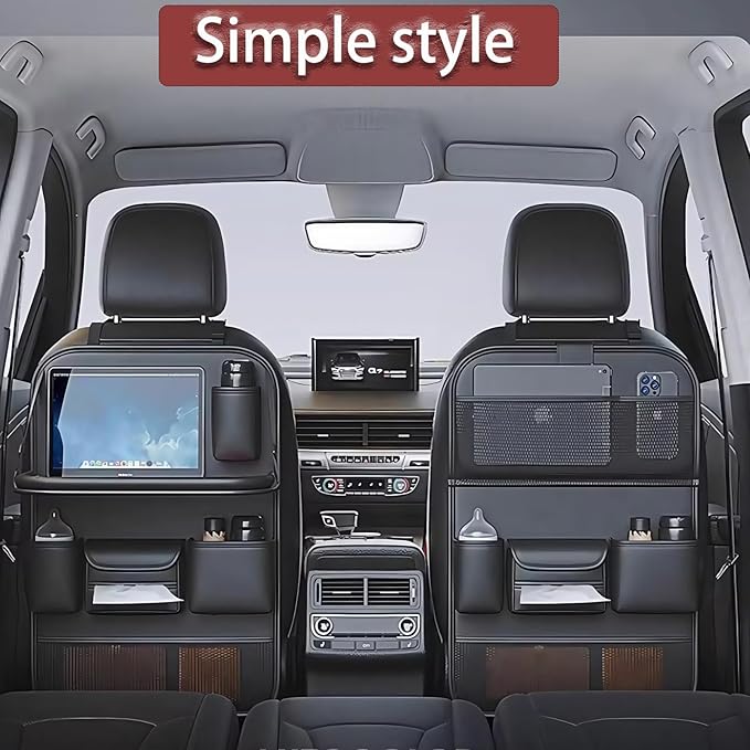 Car Backseat Tray Table with Organizer, Foldable Car Seat Back Organizer with Desk, Nappa Leather, Holds 27 lbs, Laptop Table for Kids Eating, Travel & Office, Waterproof Kick Mats